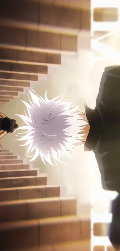 Anime character with white hair on staircase background.