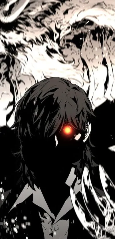 Anime character with red glowing eyes, cloaked in darkness.