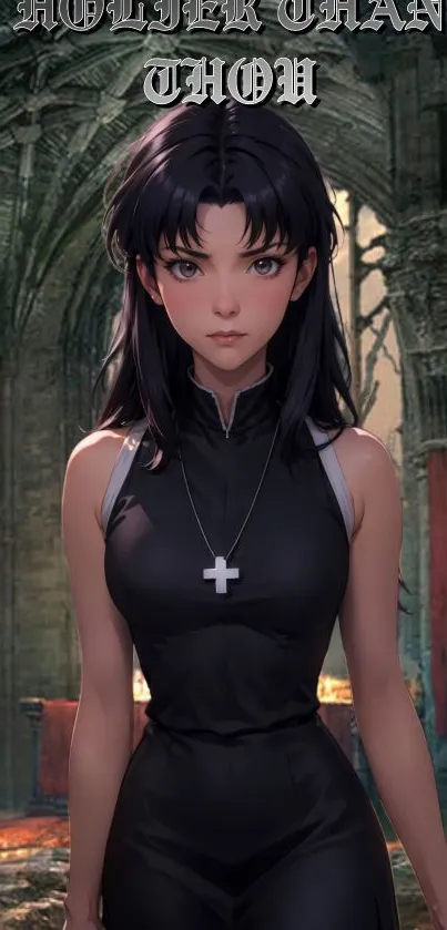 Mystical anime character in a gothic cathedral setting.