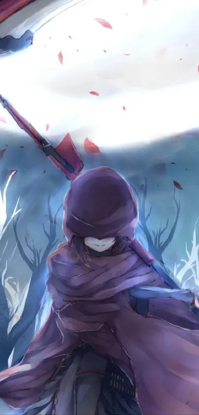 Anime warrior in a purple cloak with mystical background.