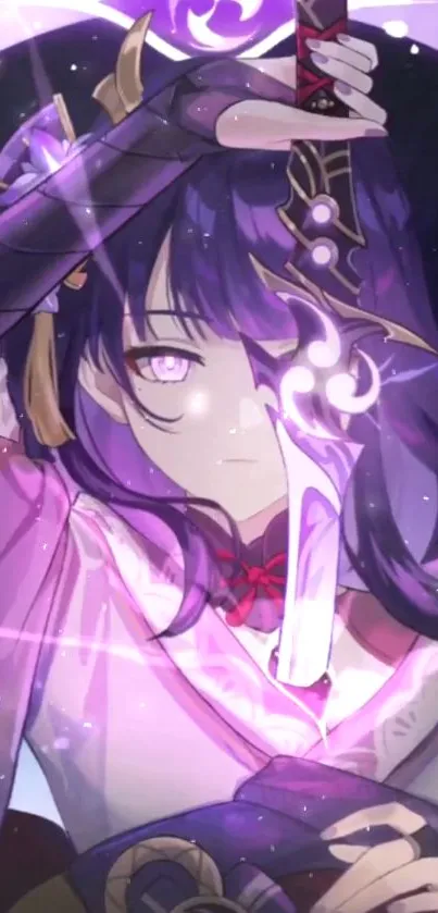 Anime character holding a mystical sword glowing in purple light.