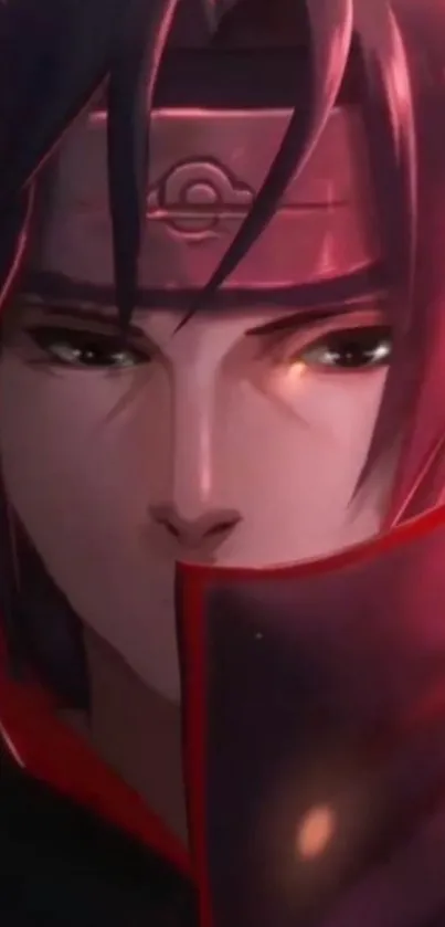 Anime warrior with dark red cloak and intense gaze.