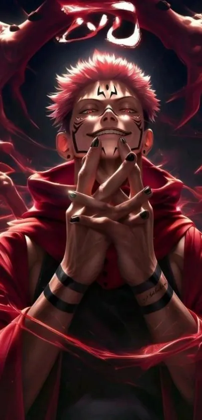 Mystical anime warrior with dark red hues.