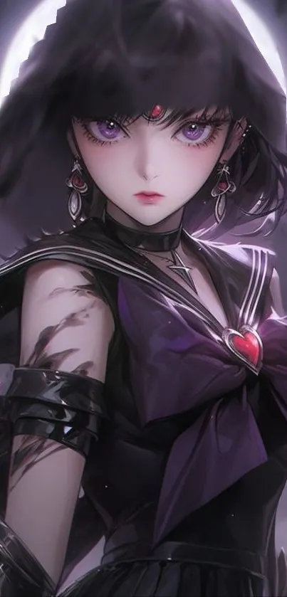 Anime warrior under a mystical full moon with purple motifs.