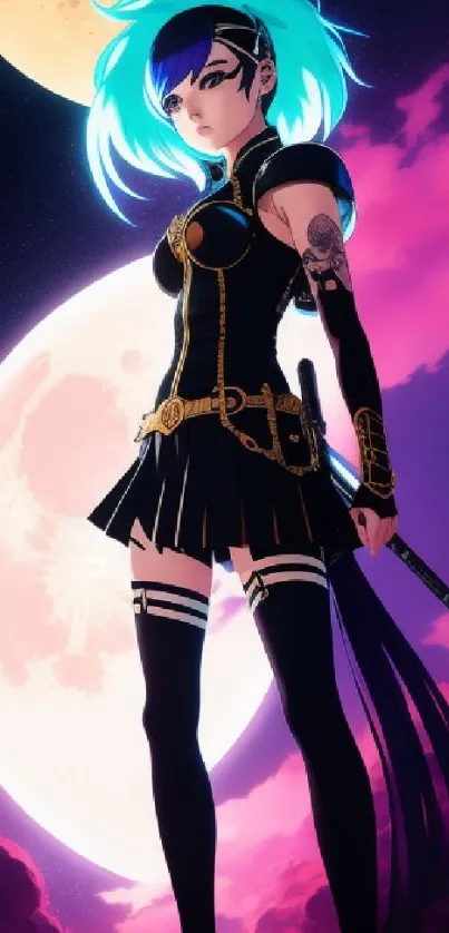 Anime warrior with neon hair beneath twin moons in a vibrant, mystical setting.