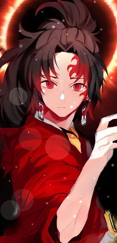 Anime warrior in red attire with mystical background.