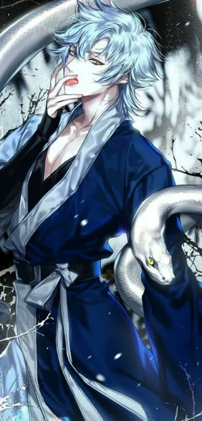 Anime warrior with blue hair and a white snake.