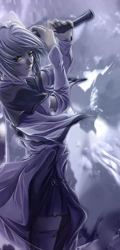 Anime warrior with sword in purple hues, exuding energy and mystique.