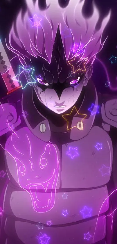 Anime warrior with purple flames and mystical aura on phone wallpaper.