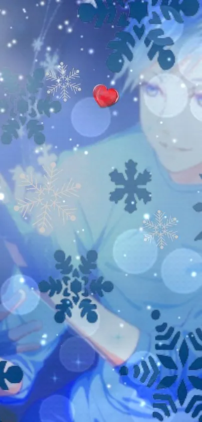 Anime character with snowflakes and a dreamy blue background.