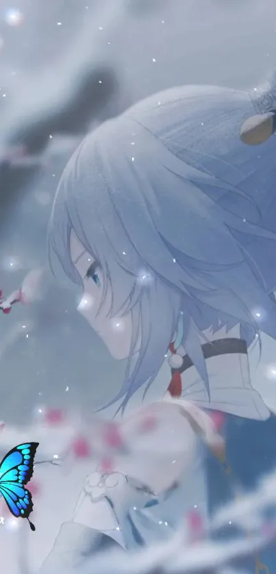 Anime girl with blue butterfly in winter setting.