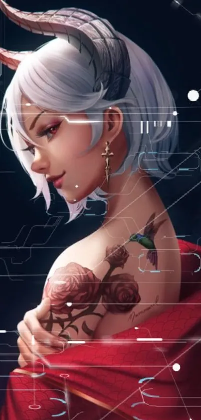 Mystical anime woman with horns and rose tattoo in a digital art piece.