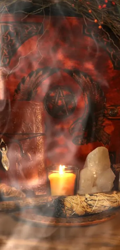 Candlelight with mystical book and crystals, creating a fantasy atmosphere.