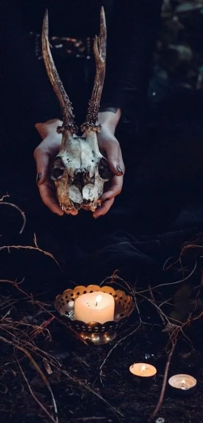 Mystical scene with antlers and candles in a dark setting.