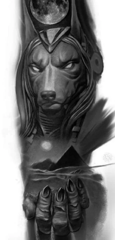 A grayscale Anubis tattoo design mobile wallpaper.