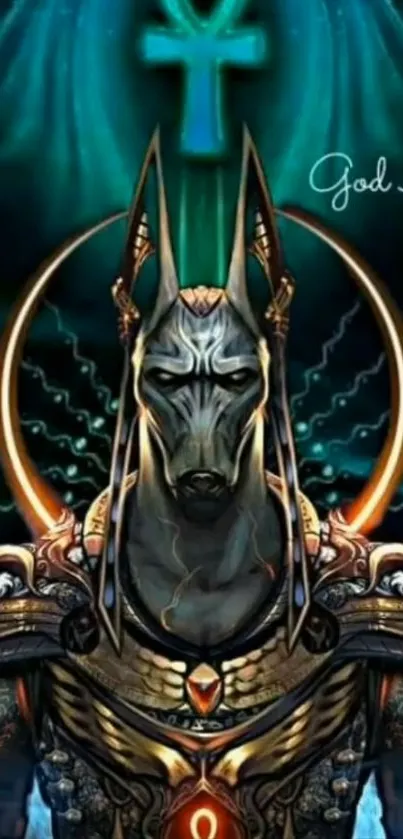 Mystical Anubis with glowing symbols and dark background.