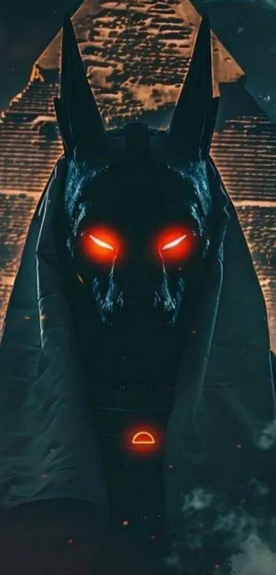Anubis figure with glowing eyes against a pyramid backdrop.