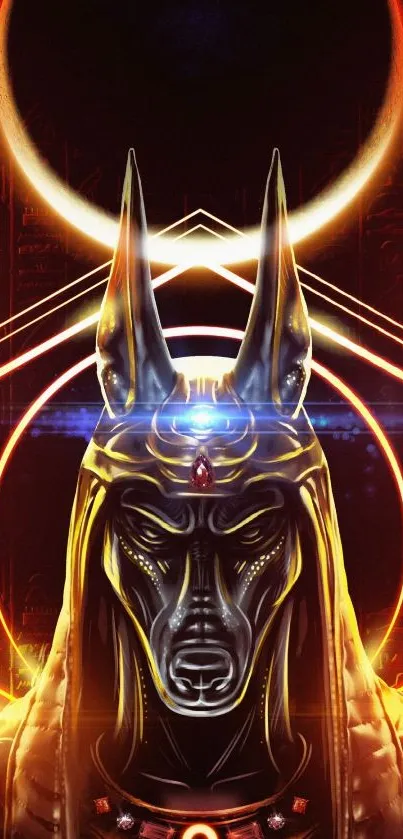 Anubis-themed wallpaper with celestial and golden elements.