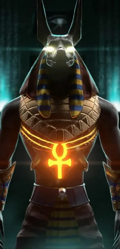 Anubis with glowing symbol in dark mystical setting.