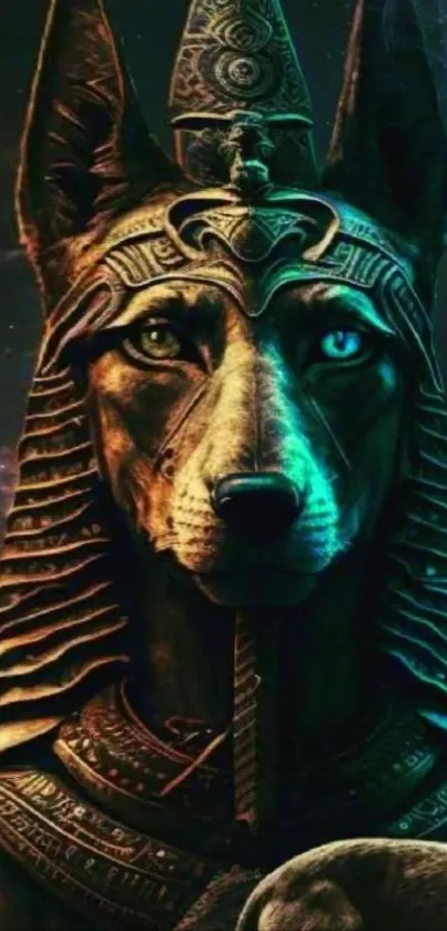Anubis statue with starry sky background.