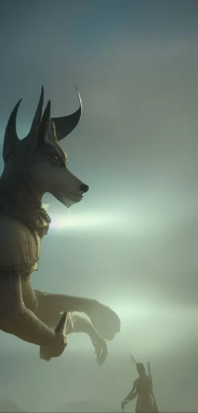 Anubis statue in misty fog with a mystical background in dark tones.