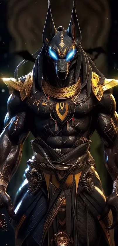 Anubis warrior in gold and black armor, mystical mobile wallpaper.