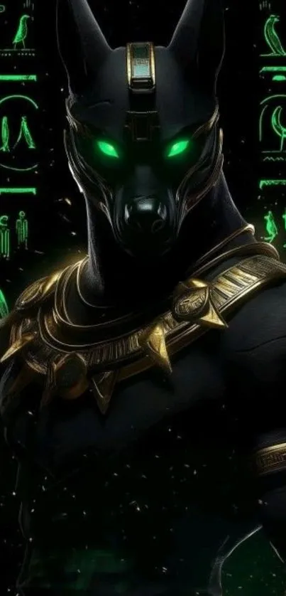 Anubis with glowing green eyes in Egyptian art.