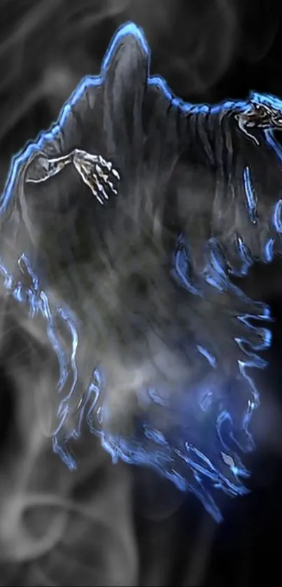 Mystical apparition with smoky, blue glow on dark background.