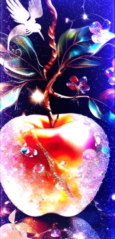 Mystical apple art with vibrant colors on a dark background.