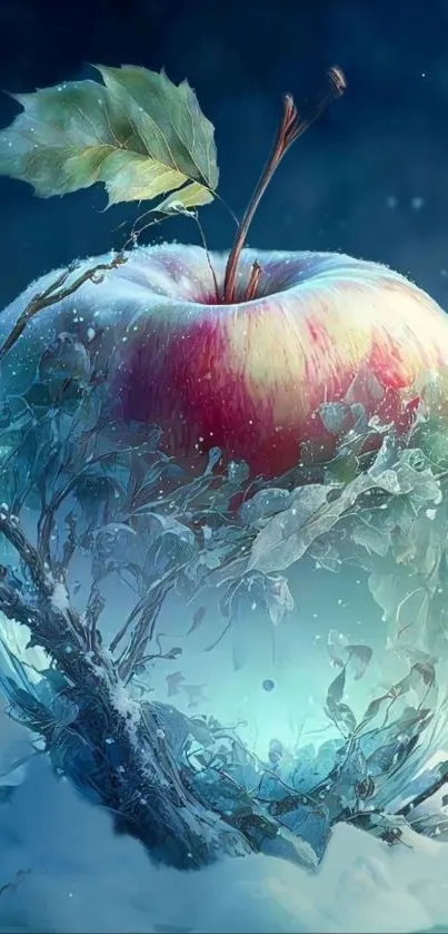 Mystical apple with ice and leaves in vibrant colors, fantasy wallpaper.