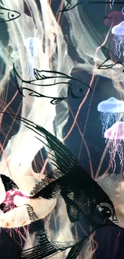 Surreal aquatic wallpaper with fish and glowing jellyfish.