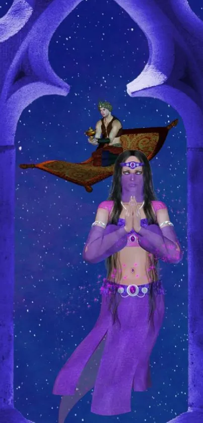 Purple mystical scene with floating carpet and enchanting figure.