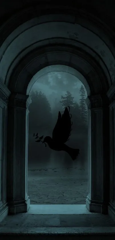 Mystical archway with a black dove silhouette.