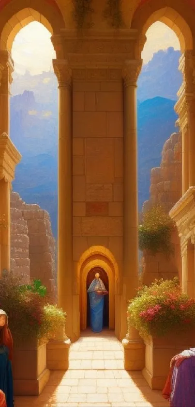 Byzantine-inspired arched passageway with warm tones and serene atmosphere.