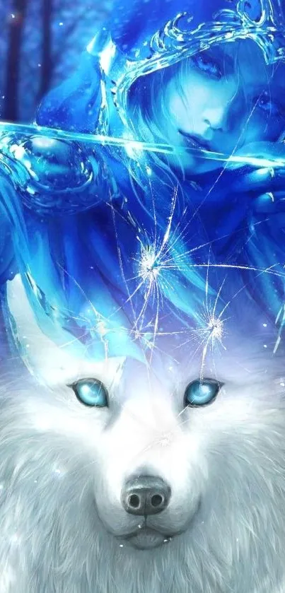 Fantasy archer with blue eyes and a white wolf in digital artwork.