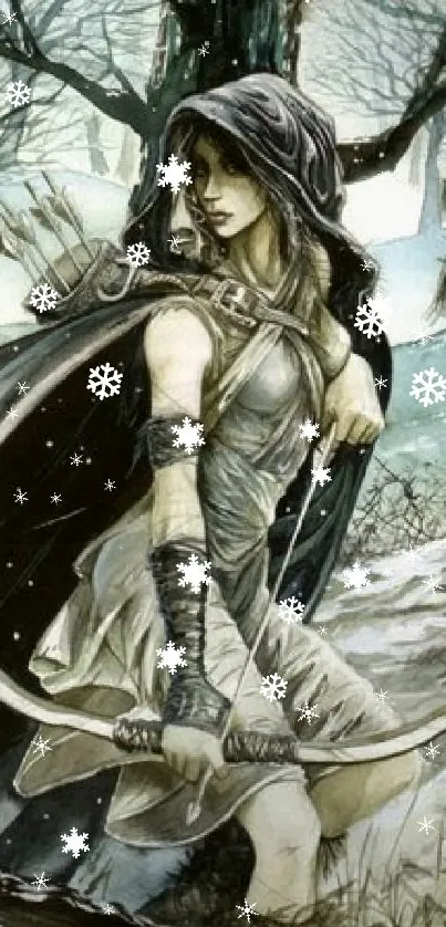 Mystical archer in a snowy forest with a bow and arrows, in grayish-blue tones.