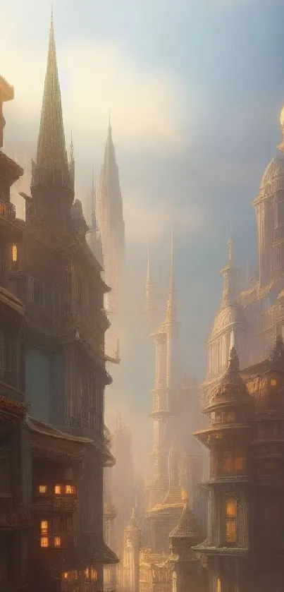 Mystical cityscape with golden spires at dawn, perfect for fantasy themes.