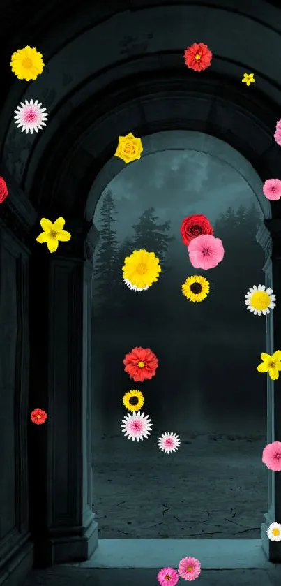 Mystical archway with floating colorful flowers on a dark, atmospheric background.