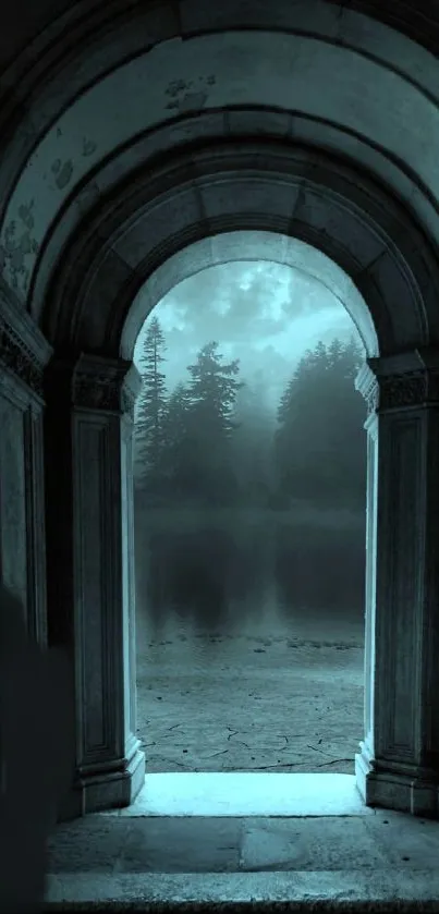 A mystical archway leading into a teal forest.