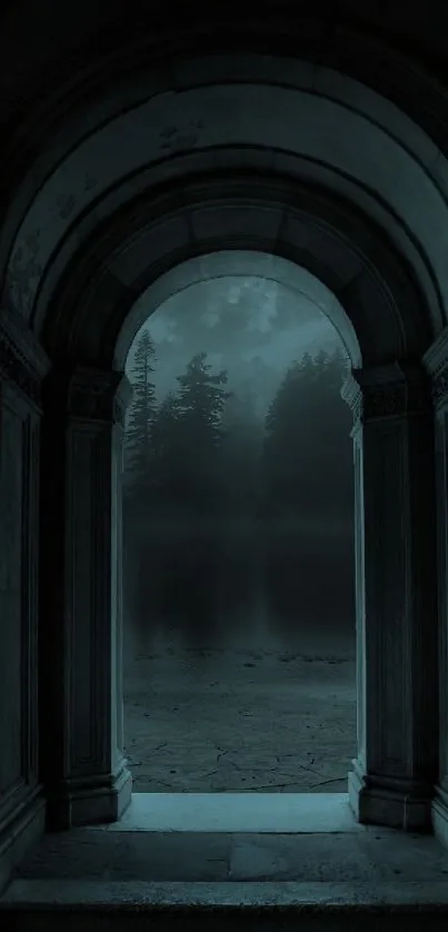 Mysterious archway revealing a shadowy forest landscape.