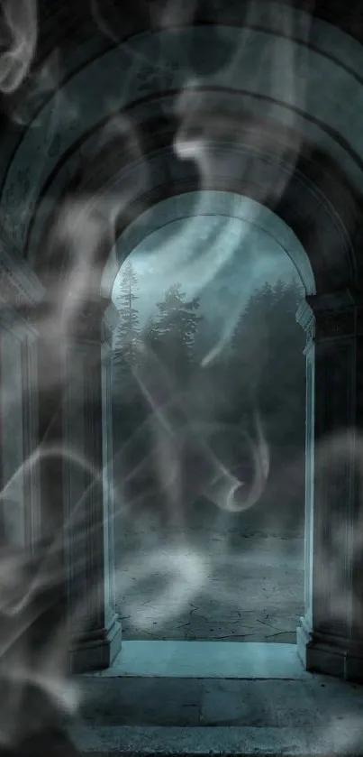 Mystical archway with eerie smoke and dark atmosphere.