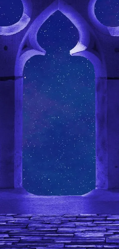 Enchanting gothic archway with starry night sky in purple hues.