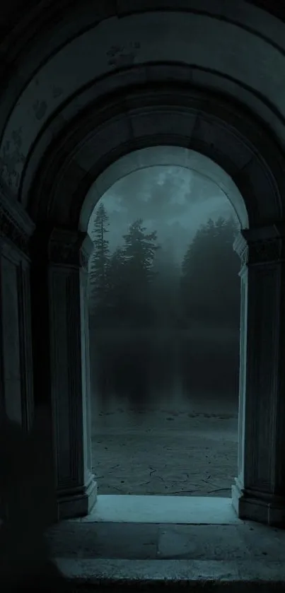 Mystical archway at night with forest and tranquil scene.
