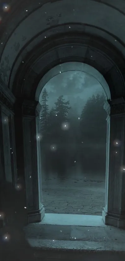 Mystical archway leading into a dark, serene nightscape with twinkling lights.