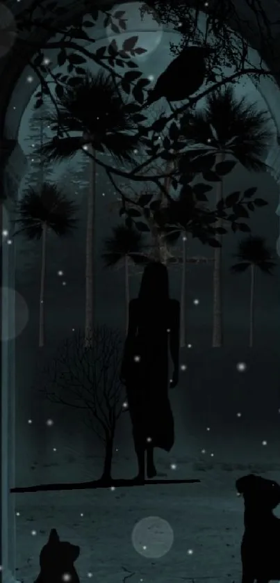 Mystical archway with silhouetted animals and trees in dark blue.