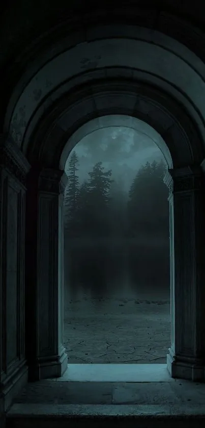 Mystical archway leading to foggy forest landscape.