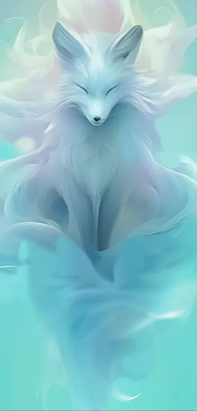 Mystical arctic fox in dreamy blue aura fantasy art wallpaper.