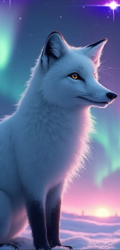Arctic fox under aurora borealis