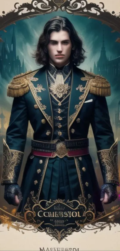 Regal figure in dark blue suit with gold details, surrounded by mystical elements.