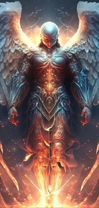 Mystical armored angel with radiant wings and ethereal glow.